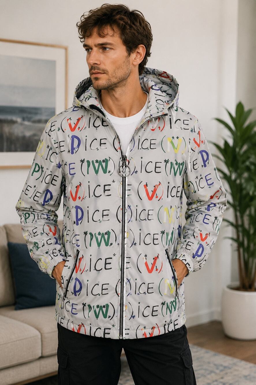 ICE Italy Hooded Windbreaker Size 44 Multicolor Graphic Nylon Jacket